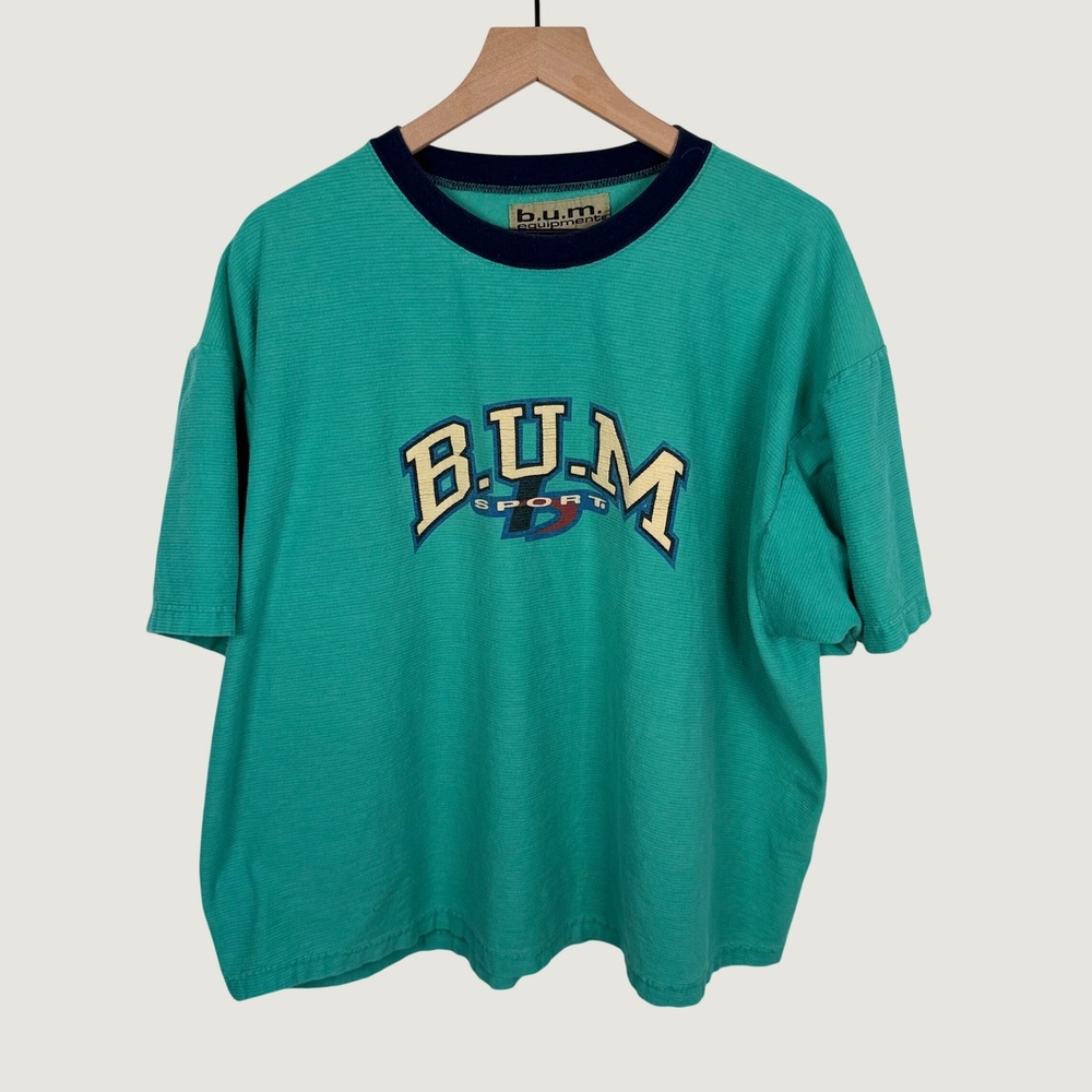 Vintage B.U.M. Equipment Sport T-Shirt Mens XL Green Made in USA 90s Ribbed Tee
